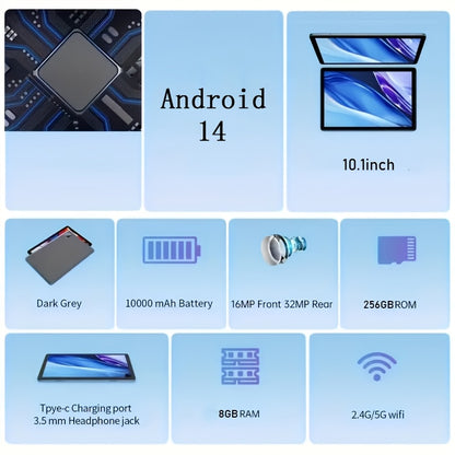 Android Tablet Gray Purple, 10.1-inch 2-in-1 Tablet, 256GB Storage ROM, 8GB, 2KHD Supports WiFi Android 14, 10000mAh, 2560 * 1600 Resolution 16MP+32MP Dual Camera, Suitable for Online Courses, Work Games, Entertainment