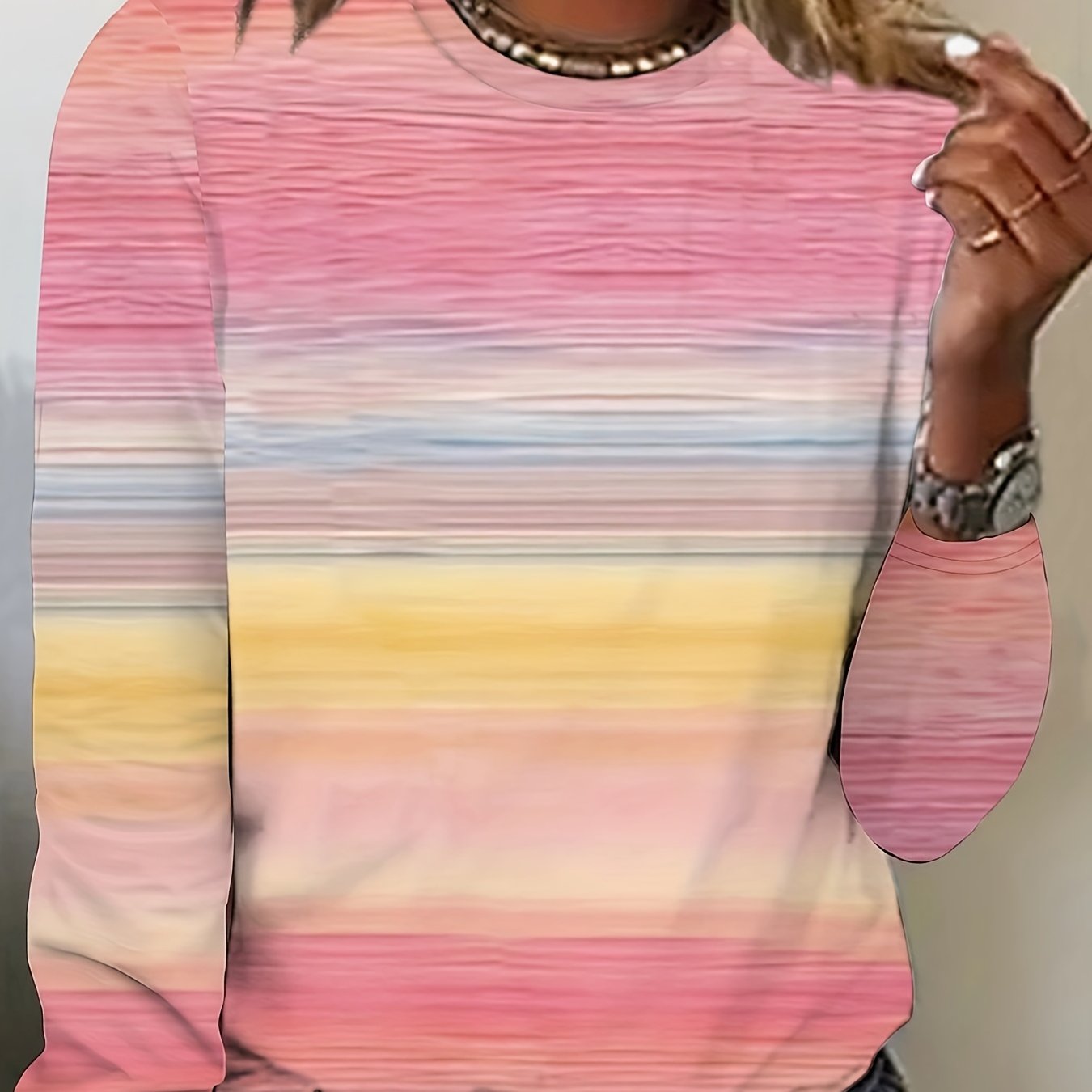 Women'S Pastel Pink to Yellow Gradient Long Sleeve T-Shirt - Soft Everyday Blouse, Machine Washable Round Neck Top for Spring/Fall Transitional Weather, Office, Lounge & Casual Outfits - Women'S Clothing, Ladies T Shirts, Spr