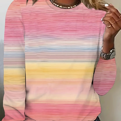 Women'S Pastel Pink to Yellow Gradient Long Sleeve T-Shirt - Soft Everyday Blouse, Machine Washable Round Neck Top for Spring/Fall Transitional Weather, Office, Lounge & Casual Outfits - Women'S Clothing, Ladies T Shirts, Spr