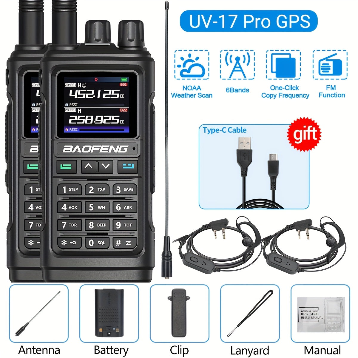 2Pack BAOFENG UV-17 PRO GPS Ham Radio Long Range Handheld Upgraded Of UV-17R Walkie Talkie NOAA Weather Receiver Copy Frequency USB Charging 999 Channels Two Way Radio For Hunting Fishing Gear And Equipment