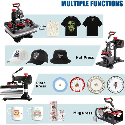 HOMDOX Upgraded 8 in 1 / 5 in 1 Heat Press Machine 15 x 12 Inch Professional Heat Transfer Machine 360-Degree Swing Away Multifunction Industrial-Quality Digital Sublimation Combo Heat Press for T Shirt Mug Hat Plate Cap for