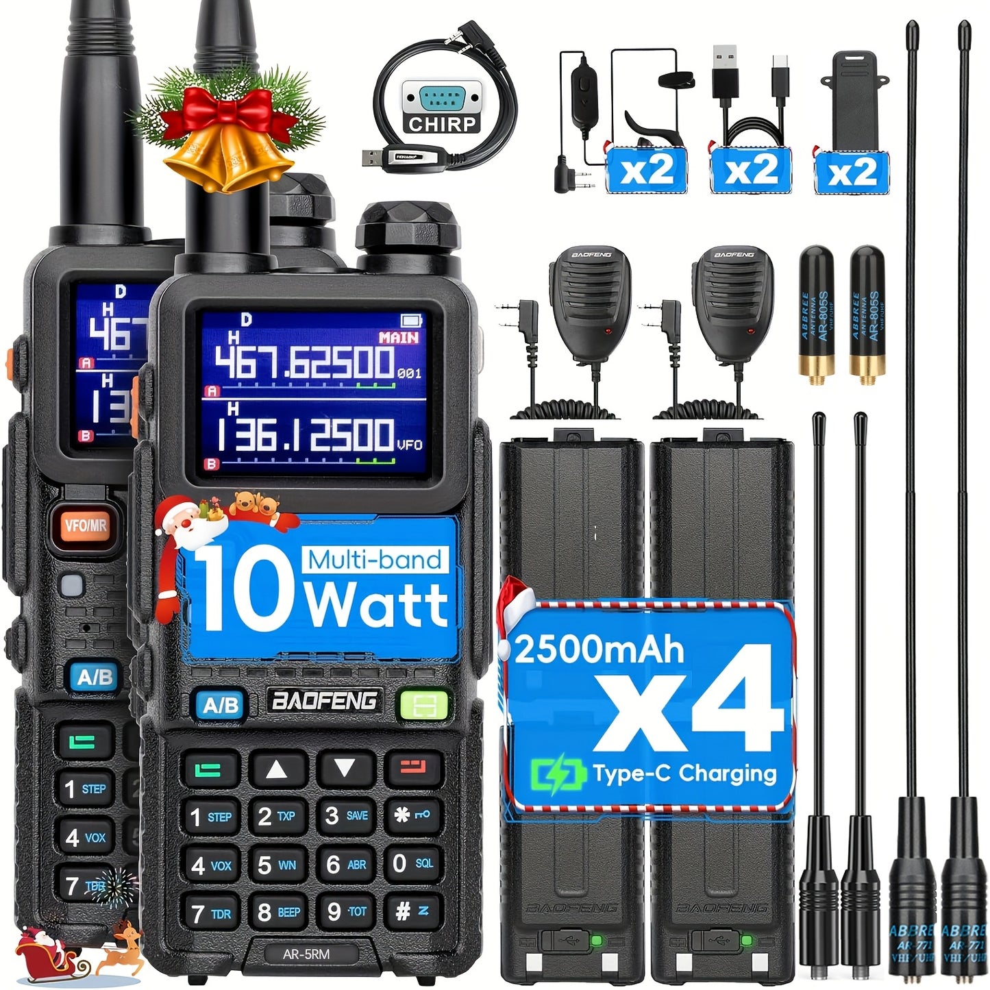 2Pack BAOFENG 5RM 10W Ham Radio Handheld Long Range, (4pcs Batteries) Portable Two Way Radio, 999CH, Frequency Copy, NOAA Weather, Walkie Talkie For Adults With Speaker Mic, Programming Cable For Business Bank Office
