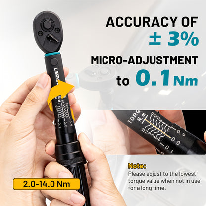 LIBRATON Bike Torque Wrench 1/4"Dr 2-14 Nm, 21pcs Set 72-Tooth Gear Torque Wrench, 0.1 Nm Micro Click Torque Wrench Set, Hex & Torx Impact Bits, Nut drivers, Impact to 1/4" HEX Converter, Bicycle Repair Kit,  Bicycle Maintena