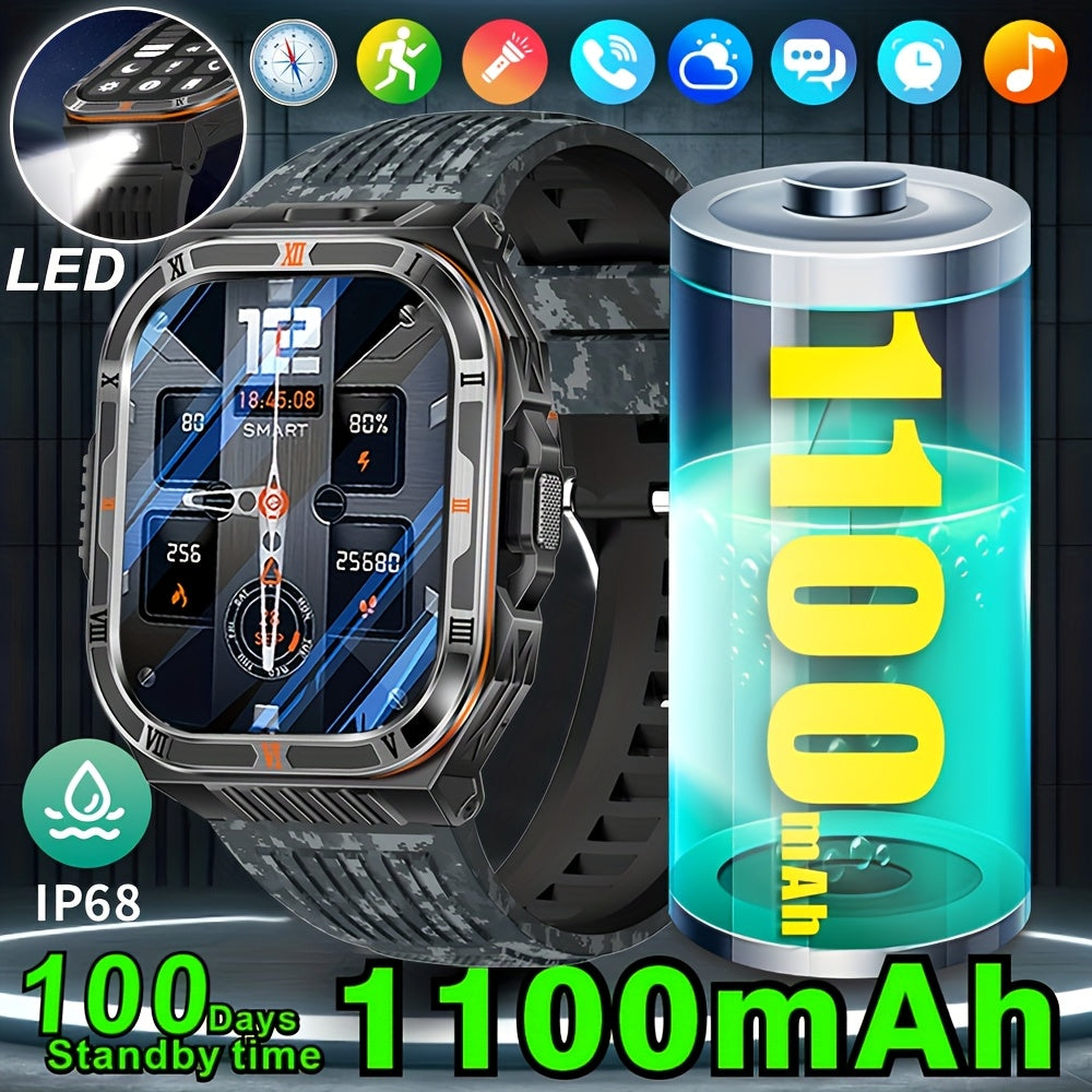 COIUSOR Men'S & Women'S Outdoor Sports Smart Watch with Flashlight, 1100mAh Large-Capacity Battery, Built-in Compass, 100+ Sports Modes, 2.01" HD Display, Wireless Calls, AI Voice Assistant, USB Rechargeable - Ideal Holiday G