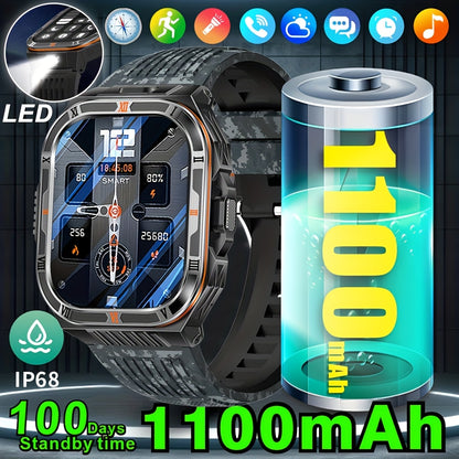 COIUSOR Men'S & Women'S Outdoor Sports Smart Watch with Flashlight, 1100mAh Large-Capacity Battery, Built-in Compass, 100+ Sports Modes, 2.01" HD Display, Wireless Calls, AI Voice Assistant, USB Rechargeable - Ideal Holiday G
