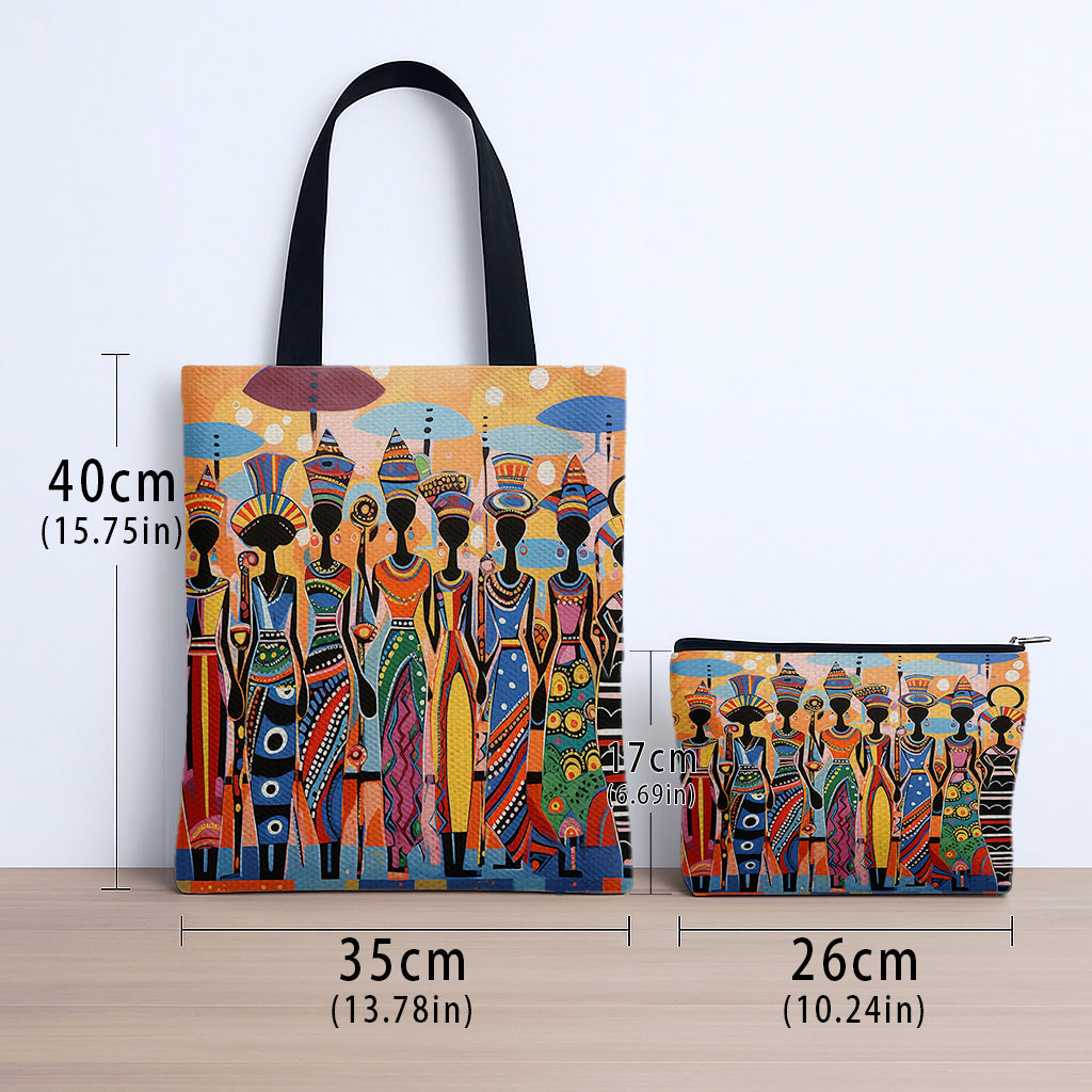 2pcs African Ethnic Pattern Tote Bag Set, Includes Large Capacity Tote Bag and Coin Purse Two-Piece Set. Multifunctional Travel Shopping Shoulder Bag and Makeup Bag (Toiletry Bag), Suitable for Travel, Shopping, Commuting, Pa