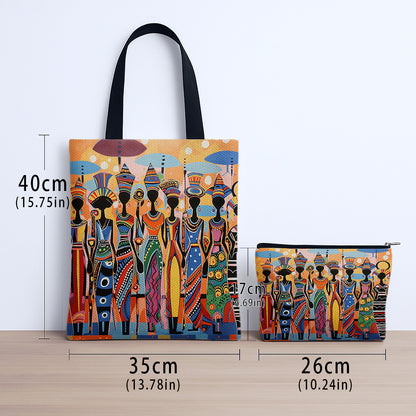 2pcs African Ethnic Pattern Tote Bag Set, Includes Large Capacity Tote Bag and Coin Purse Two-Piece Set. Multifunctional Travel Shopping Shoulder Bag and Makeup Bag (Toiletry Bag), Suitable for Travel, Shopping, Commuting, Pa