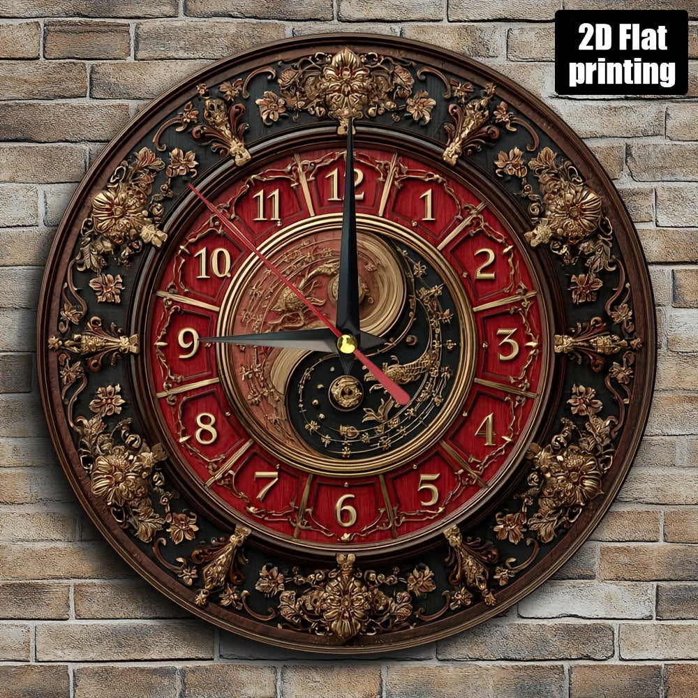 1pc Tai Chi Yin Yang Symbol Round Wall Clock - Large Easy-to-Read Face, Quiet Non-Ticking Artificial Wood Round Clock for home, Office,, Bedroom - Chinese Meditation Gift (9.8x9.8 Inch, Not Included), 2D Flat