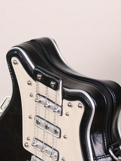 Women's & Unisex Y2K Retro Music-Themed Bass Guitar-Shaped Crossbody Bag with Detachable Strap, Golden-Tone Hardware & Zipper Closure - Band Style Handbag for Musicians & Music Lovers (Red/Black) - 2024 New Design with Chain