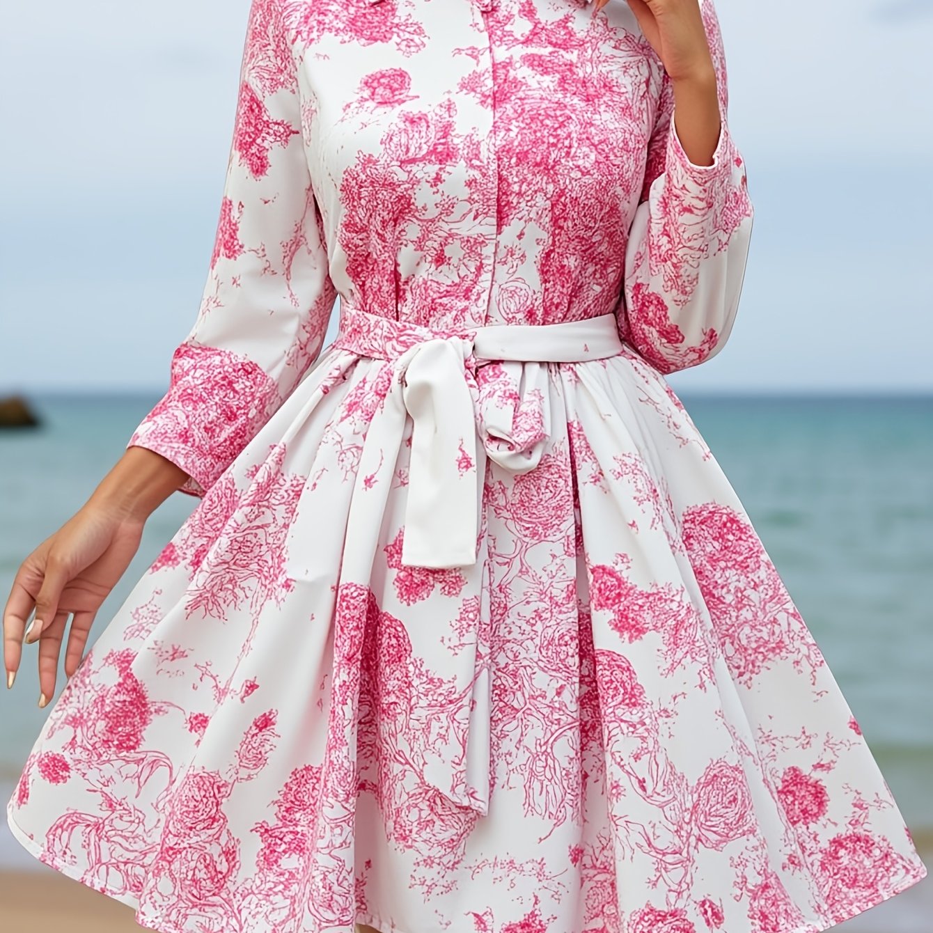 Shirt Collar Pink Floral Tie-Waist Dress | Vintage Sweet Style, Spring Summer Date Party Dress, Fitted with Lace-up Details