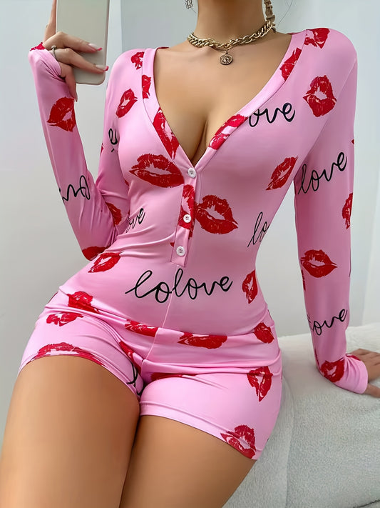Women'S Sexy Long Sleeve Heart Lips Print Nightgown - Pink & Red Lips Design, V-Neck, Button-Front Closure, Stretchy Fabric, Spring/Fall Sleepwear