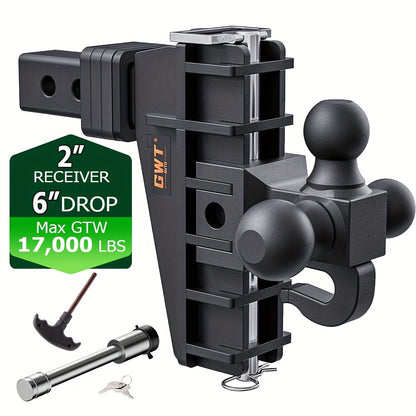 Class 3 Heavy Duty Adjustable Trailer Hitch with Hook - Tri-Ball 1-7/8" 2" 2-5/16" Tow Ball Mount, 6"/8" Drop Hitch, 17000 LBS GTW for Trucks - Universal Fit, Easy Installation & Solid Ball Mount