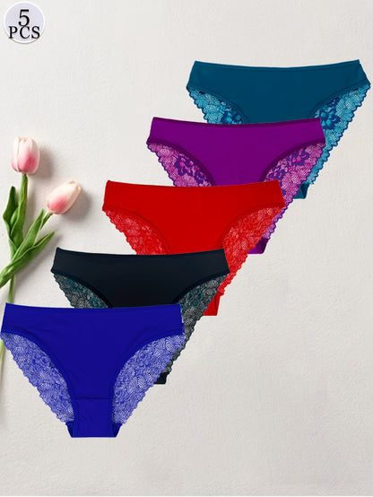 5pcs Women's Brief Underwear - Sexy Contrast Lace, Semi-Sheer Polyamide Knit Fabric - Elegant Drop Waist | Smooth & Soft | Hand Wash Only