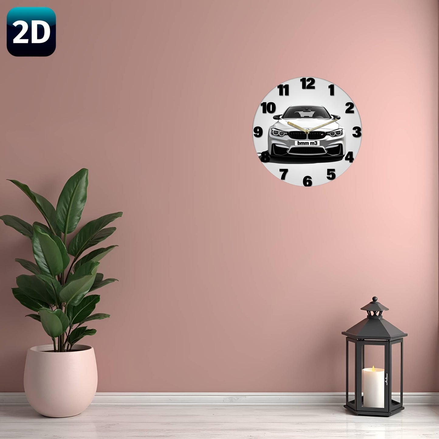1pc Silent Wall Clock with 2D Car Design – 7.87 Inch Circular Acrylic Decorative Clock, White with Golden Accents, Ideal for Home, Office, Garage, Bar, Café, Garden, Party & Holiday Gift, Clock Wall Decor