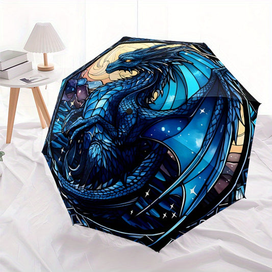 Automatic Open/Close Umbrella with One-Touch Button - Compact Folding Umbrella, Windproof 8-Rib Shaft, Auto Open Close, Portable for Travel, Commute, Everyday - Elegant Blue Dragon Design in Deep Blue & Golden Accents - All-S
