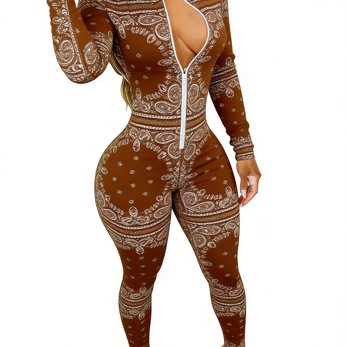Brown Women's Long Sleeve Jumpsuit with Paisley Print - Slim Fit, Stylish & Sexy for Dates, Parties & Daily Outings, Sizes 2XS-2XL