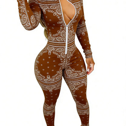 Brown Women's Long Sleeve Jumpsuit with Paisley Print - Slim Fit, Stylish & Sexy for Dates, Parties & Daily Outings, Sizes 2XS-2XL