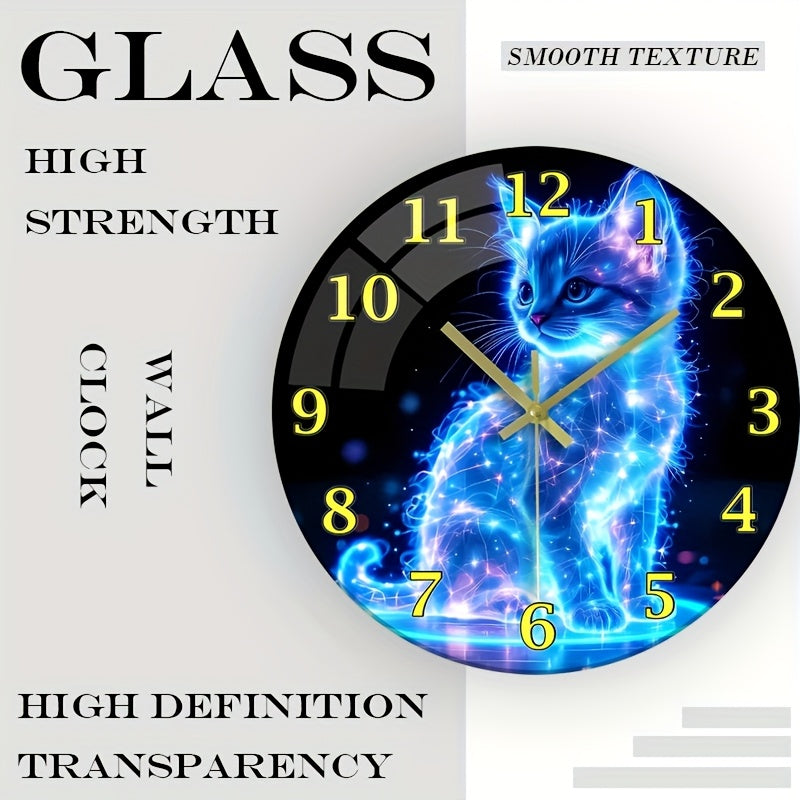 One 12-inch glowing neon cat silent wall clock - stunning blue galaxy kitten design, made with thick tempered glass, perfect for home and kitchen decor, Valentine's Day or anniversary gift. Batteries not included, cat-themed