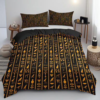 3pcs Egyptian Hieroglyphs Duvet Cover Set - Soft High-Definition Digital Print, Black And Golden Design, Breathable 100% Polyester, All-Season Use, Perfect Gift for Family And Friends, Machine Washable (1 Duvet Cover + 2 Pill