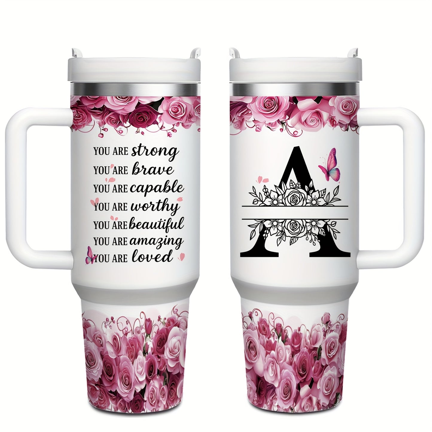 MIKENDA 1pc 40oz "A-Z Custom Letters & Name" Stainless Steel Travel Cup with Lid And Straw. Coffee Cup, Kitchen Drinkware. Great Gift for Women, Friends, Parents.for Mother's Day, Holidays. for Home & Outdoor Use.Halloween &