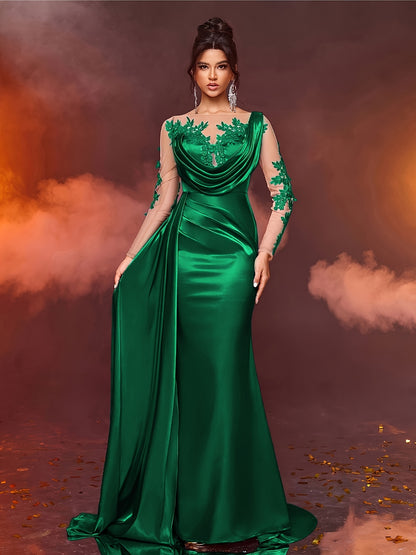Elegant Long Ladies' Gown with Lace Detail | Solid Color, Contrast Mesh, Long Sleeve, Gown Hem, Ideal for Christmas, Birthday, Graduation, Travel