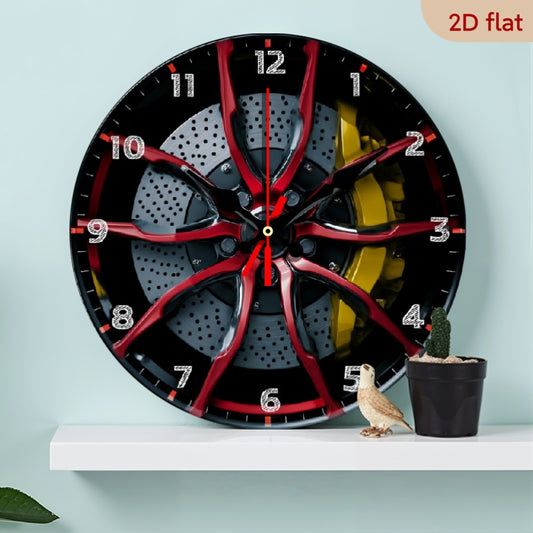 1pc 10-Inch Vintage Racing Car Brake Disc & Caliper Wall Clock - Silent Non-Ticking Wood Round Clock with Red/Yellow Racing Stripes, Black Hands for Home, Office, for Cave, Decor - Unique Automotive Accessory Gift for, 2D Fla