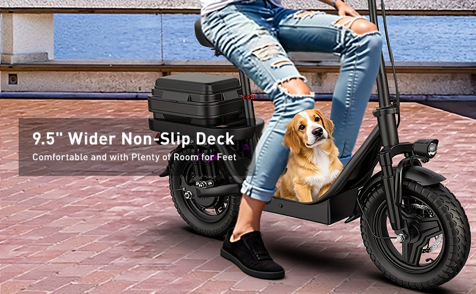 Peak Power 740W Adult Electric Scooter with Seat, 48V10/15AH Lithium Battery, 10 Shock Absorption, 14-Inch Tubeless Protective Tires, Dual Disc Brakes