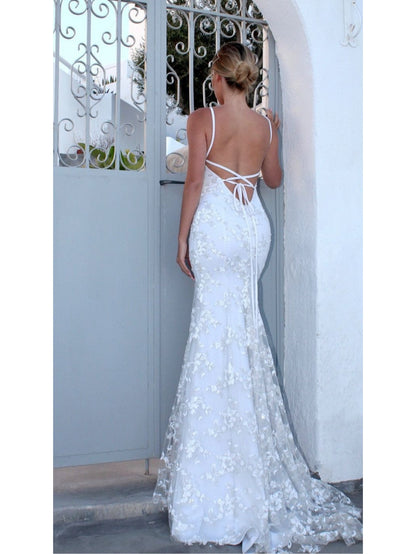 Elegant Formal Gown | Sleeveless Spaghetti Strap White Maxi Dress with V Neck - Perfect for Wedding Guest, Gala Dinner & Engagement Party