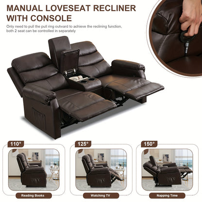 Office Reclining Loveseat, Manual RV Recliner Sofa With Console & Cup Holders & Pockets, Faux Leather Upholstered