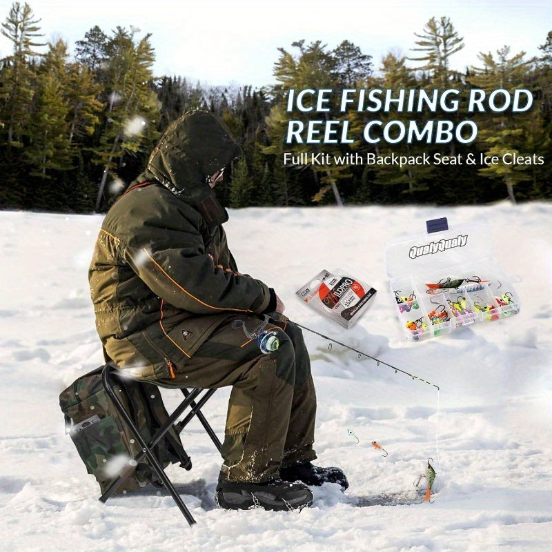 Complete Ice Fishing Rod and Reel Combo Set with Backpack, Seat, Cleats, Jigs, Line - 24/26, Medium-Light Power, Right-Handed, Fast Action, Fluorosint 500 PTFE, Ideal for Winter Fishing, Ice Fishing Gear | Camouflage Backpack