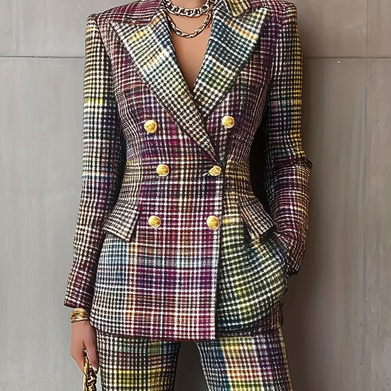 Double-Breasted Blazer and Straight-Leg Trousers - Urban Elegant Business Office - Digital Print Color Gradient Plaid Lapel Long Sleeve Casual - Suitable for Parties, Dates, Business Office, and Various Important Occasions
