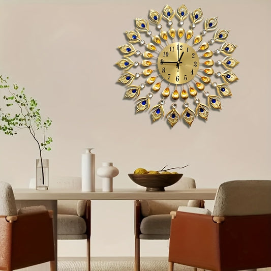 Elegant Peacock Pattern Metal Silent Wall Clock - Modern Minimalist Quartz Movement, No Ticking Sound, Auto Shut-Off, Round Metal Wall Clock with & Golden Peacock, For Living Room, Bedroom, Peacock Decor, Bedroom Accessory, H
