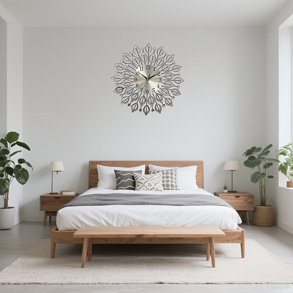 1pc silent decorative wall clock, 15.35 inch black metal material, with easy to read numbers, acrylic leaf rhinestones design, suitable for multiple places such as living room and bedroom, and a new house gift, Living Room Wa