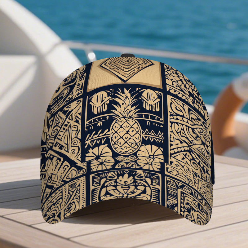 1pc Vibrant Tropical Tribal Symbols Baseball Cap - Adjustable, Comfortable, Lightweight Duckbill Hat with Intricate Pineapple & Leaf Design, Perfect for Outdoor Activities, Casual Headwear|Vibrant Headgear|Polyester Cap