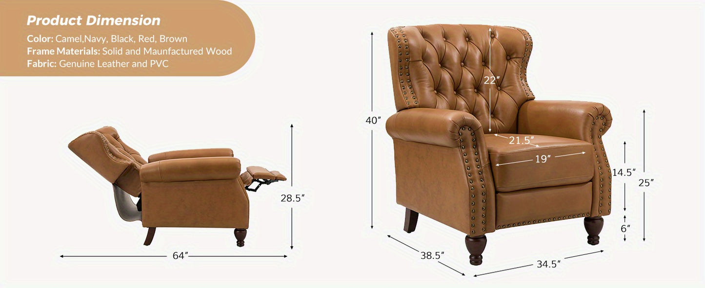 Genuine Leather Recliner Chair - Manual Push Back Recliner Sofa w/ Solid Hardwood Legs, Brown Luxury Living Room Armchair, Easy Assembly Non-Electric Recliner for Home Theater & Reading Nook - Durable Leather Upholstery, Soph