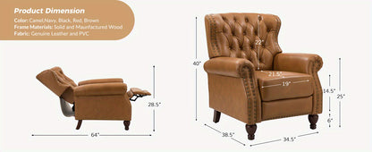 Genuine Leather Recliner Chair - Manual Push Back Recliner Sofa w/ Solid Hardwood Legs, Brown Luxury Living Room Armchair, Easy Assembly Non-Electric Recliner for Home Theater & Reading Nook - Durable Leather Upholstery, Soph