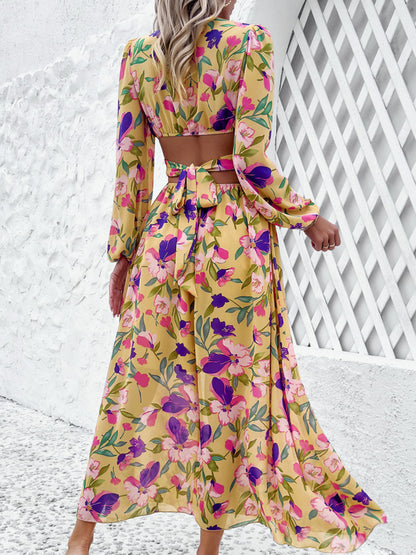 Stylish Floral Dresses with V-Neck, Long-Sleeved& Waist-Cinching Design for A Comfortable Look- Holiday& Casual Outfit for Women