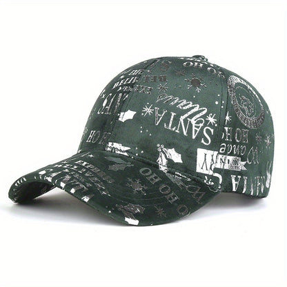 1pc Christmas Reflective Baseball Cap Adjustable Lightweight Polyester Vintage Distressed Six-Panel Street Style Cap with Random Print Patterns (Stars/Hearts/Music Notes) - Unisex Casual & Festive Holiday Accessory, Streetwea
