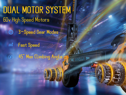 Fast Electric Scooter 60V 28.8A, 749W Dual Motor System for Unbeatable Speed, 60 Miles Long Range, Off Road All Terrain 11 Inch Tires, Full Suspensions & Seat, A True Hyper Scooter And One Of The Fastest Heavy Duty E-scooter