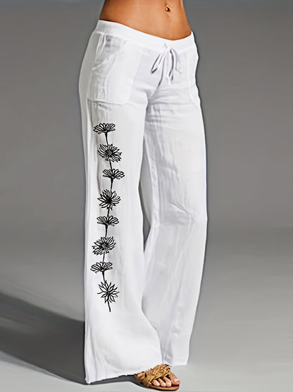 Women's Clothing - Floral Print Wide Leg Pants - Casual Loose Pants For Spring & Fall