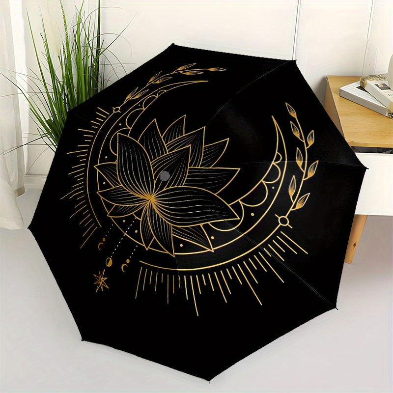 1pc Lotus Mandala Automatic Open/Close Folding Compact Umbrella - 8-Rib Sturdy Canopy, Lightweight Portable, Durable Plastic & Iron Construction, Elegant Black & Golden Design for Daily Commute, Travel, Outdoor Use - Fashiona
