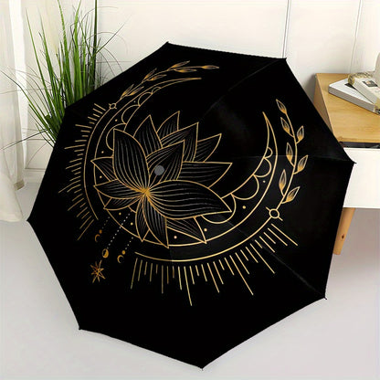 1pc Lotus Mandala Automatic Open/Close Folding Compact Umbrella - 8-Rib Sturdy Canopy, Lightweight Portable, Durable Plastic & Iron Construction, Elegant Black & Golden Design for Daily Commute, Travel, Outdoor Use - Fashiona