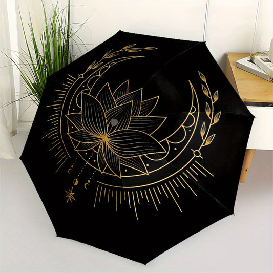 1pc Lotus Mandala Automatic Open/Close Folding Compact Umbrella - 8-Rib Sturdy Canopy, Lightweight Portable, Durable Plastic & Iron Construction, Elegant Black & Golden Design for Daily Commute, Travel, Outdoor Use - Fashiona