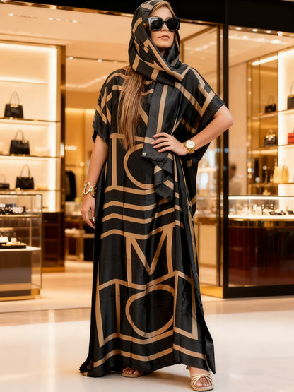 Plus Size - Elegant Black And Golden Geometric Letter Print Kaftan Dress - Comes with a Matching Headpiece | Ideal for Chic Everyday Outfits And Fashion Occasions