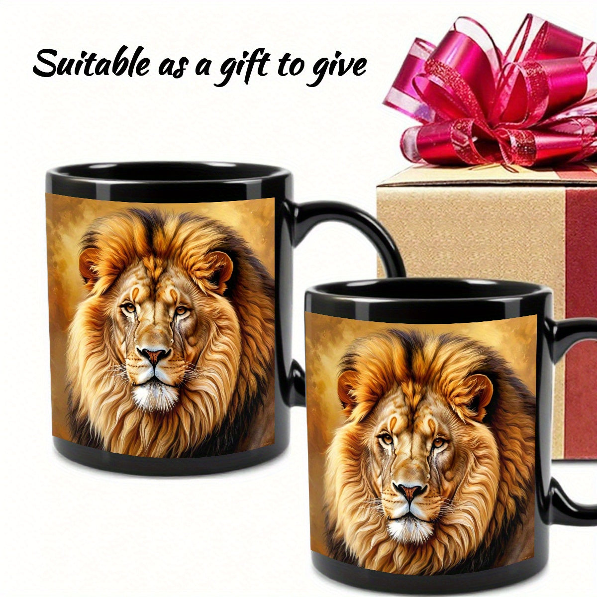 1pc Lion Design Mug - Elegant Lion Face Coffee Cup with Black Interior, 11oz Heavy-Duty Ceramic Cup for Hot/Cold Drinks, Birthday/Anniversary Gifts, Home, Office, or Kitchen - Lion Lovers Gift (Men & Women) - Durable & Easy-C