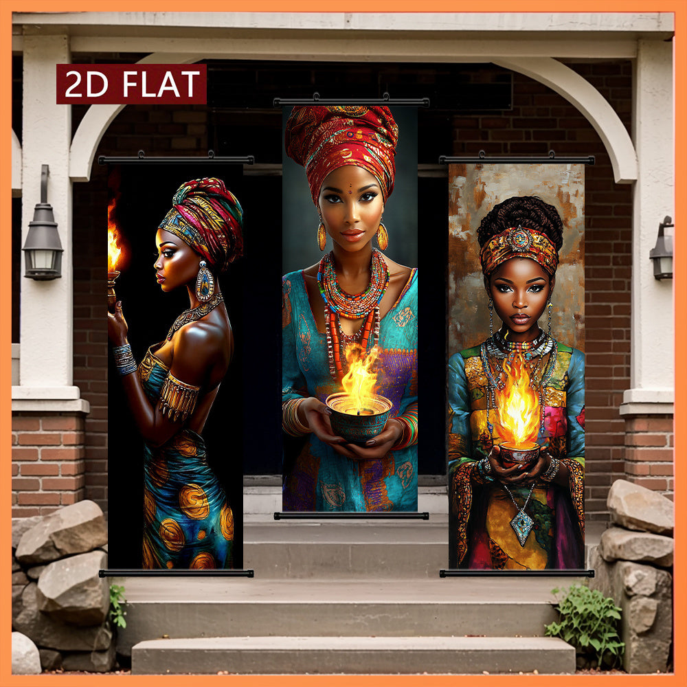 2D/ FLAT-3pcs African flame women wall murals, African women holding flame containers and wearing exquisite jewelry, high-definition high-quality printing, ink artwork poster, suitable for living room, bedroom, office decorat