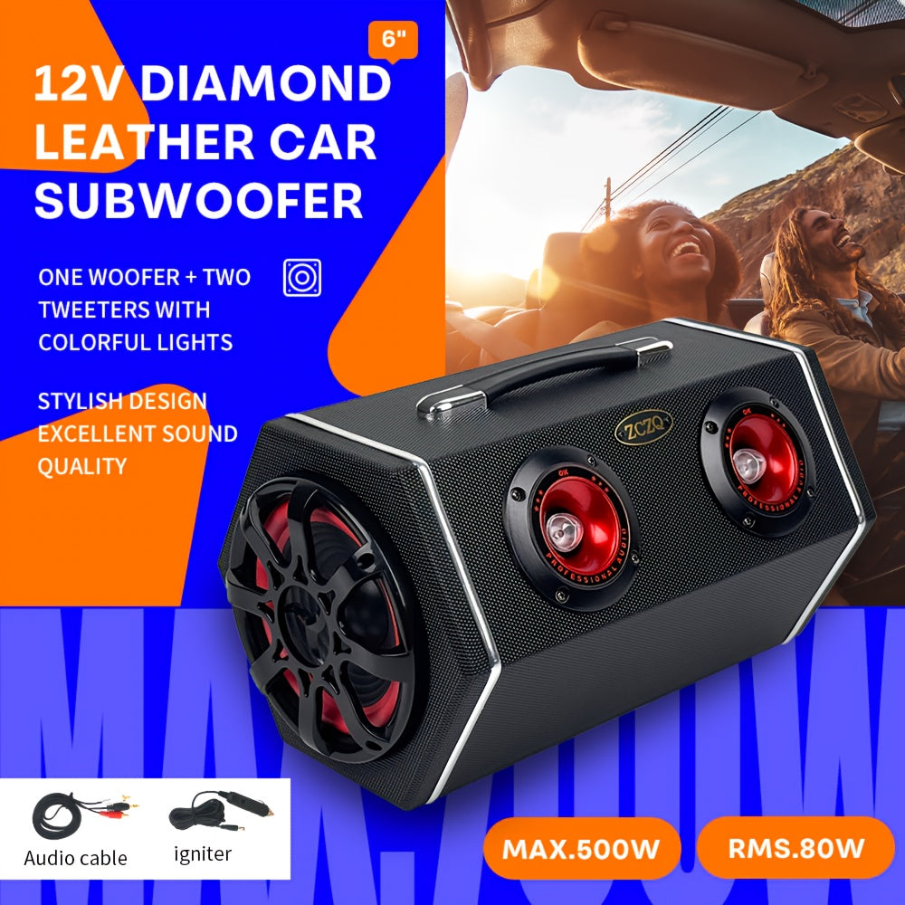 Car Diamond Leather Car Subwoofer - MAX.500W 6-inch - 12V High Power Speaker - RMS.80W Rubber Bass Flute + 2 Color Lights - Exquisite Sound High - Stun Bass - Soundproof Evenly - Vehicle Audio Modification - Improve Sound P60