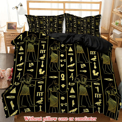 2/3pcs (1 Duvet Cover + 1/2 Pillowcase, Without Core) Golden Decoration Ancient Egyptian Civilization Pictographic Script Sphinx Print Soft Comfortable Bedding Set for Bedroom Dorm Room Family Gift
