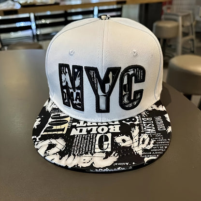 Unisex Flat-Brimmed Snapback Baseball Cap - Black & White NYC Graphic Print, 100% Acrylic Breathable Hip Hop Hat for Men & Women, Adjustable Fit for Casual Outdoor Sports, Parties & Urban Streetwear