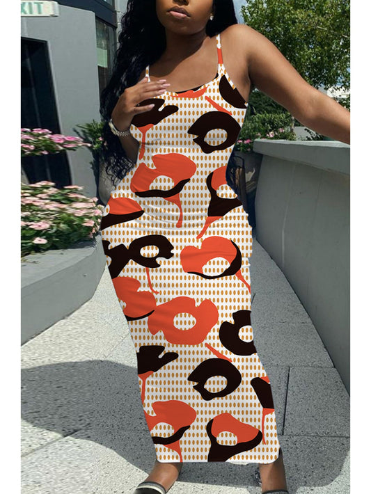 Plus Size - Euro-American Style Plus Size Women'S Sexy Spaghetti Strap Maxi Dress | High-Stretch Figure-Flattering Bodycon Skirt with Unique Abstract Floral Print, Multi-Color, Hot Style, Versatile for Vacation and Dates